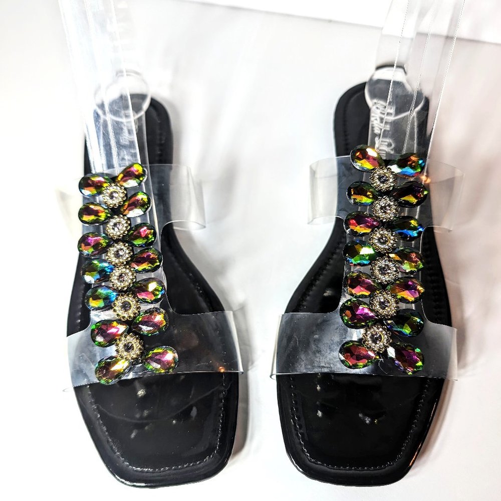 Bella Luna Clear Band Flat Summer Sandals With Colorful Rhinestones